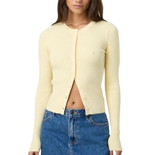 Image of FeMereina Women Y2K Button Front Crop Sweater Cardigan Solid Color Crew Neck Long Sleeve Knit Fall Tops Streetwear Knitted Crop Cardigan Shirt (Yellow, S)