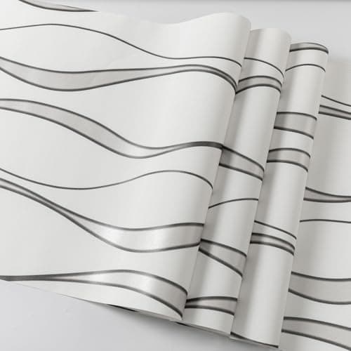 Image of Trafagala White Non-Woven Wallpaper Glitter Effect Textured 3D Flocking Embossed Wallpapers 53cm x 9.5m Wave Stripes Wall Paper Roll for Living Room Bedroom