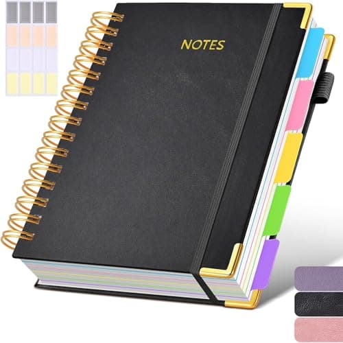 Image of A5 Spiral Notebook with Dividers,300 Page Leather Hardcover Journal, 100GSM No-Bleed Paper,College Ruled 5 Subject Project Book Notepad for Work,School & Note Taking,Lined Note Pad for Women (Black)