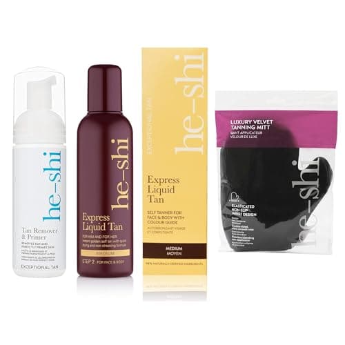 Image of He-Shi Tan & Remove Bundle | Express Liquid Fake Tan, Luxury Velvet Tanning Mitt, Remover & Primer | Streak-Free Bronze with Applicator Mitt | Vegan & Cruelty Free