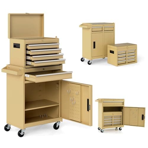 Image of TANGZON Rolling Tool Chest, 2-in-1 Large Capacity Tool Cabinet with Wheels, 5 Drawers & Auto-Locking System, Heavy-Duty Metal Toolbox for Workshop, Warehouse, Garage (Yellow)