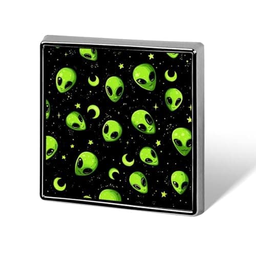 Image of Green Aliens Pattern Novelty Brooches & Pins Square Personalised Metal Lapel Badge with Butterfly Clutch Clasp