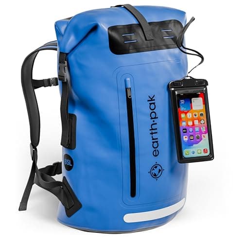 Image of Earth Pak Waterproof Backpack with Roll-Top Closure, Front Pocket, Cushioned Back Panel & Phone Case (Blue, 85L)