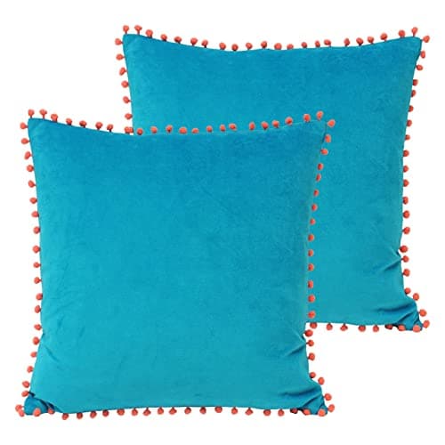 Image of Paoletti Velvet Pompom Polyester Filled Cushions (Twin Pack), Cotton, Teal/Coral