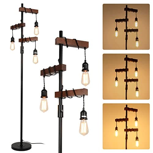 Image of Rayofly Industrial Dimmable Floor Lamps, Farmhouse 3-Lights Wooden Standing Lamp, Vintage Tree Tall Light, E27 LED, Metal Black Brown Floor Lamp for Living Room, Bedroom, Sofa, Corner, Rustic Home