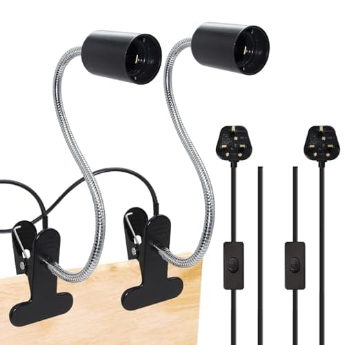 Image of Metal Clip on Light 2Pcs Clip on Bulb Holder Flexible E27 Lamp Holder, Black Clamp Light with 360° Rotatable Gooseneck and 220 cm Cable Switch, Clip on Lamp for Bedroom, 60W Max（Bulb not Included）