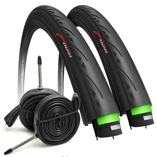 Image of Fincci Set Road Bike Tyres 700 x 25c - Black Racing 25-622 60TPI 700c Tyres - Turbo Trainer 700x25c Tyre 3 mm Nylon Protection with Presta Valve Inner Tubes 60mm for Cycle Race Bicycle