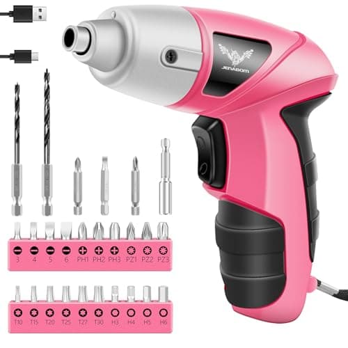 Image of JENABOM Electric Cordless Screwdriver, 3.6V Rechargeable Screwdriver, 3.5N.m Max Torque, LED Light, 24 Pcs, Ideal for Women Daily & Light Industrial Use, DIY, Pink