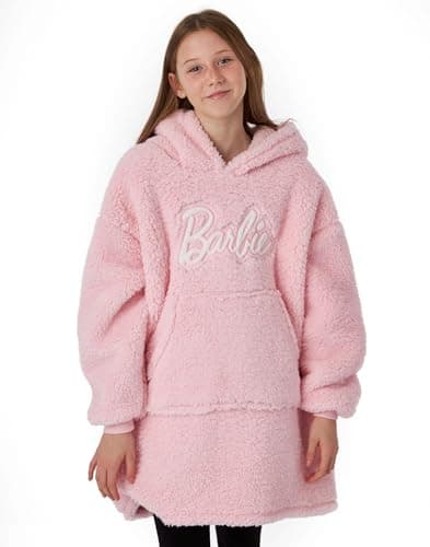 Image of Barbie Girls Wearable Blanket | Young Ladies Embroidered Classic Logo Fleece Hoodie in Pink | Kids Cosy Heavyweight Snuggle Hooded Pullover | Doll Fashion Movie Loungewear Gift for Children