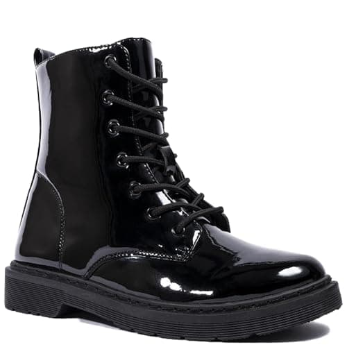 Image of A2Z Ladies Patent Combat Boots Lace Up Ankle Boots Glossy PU Leather Chunky - Shoes AZ323793524 Pat Black 3 UK