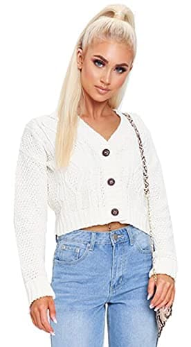 Image of Crazy Girls Women's Ladies Long Sleeve 3 Button Cropped Chunky Aran Cable Knitted Grandad Cardigan (12-14, White)