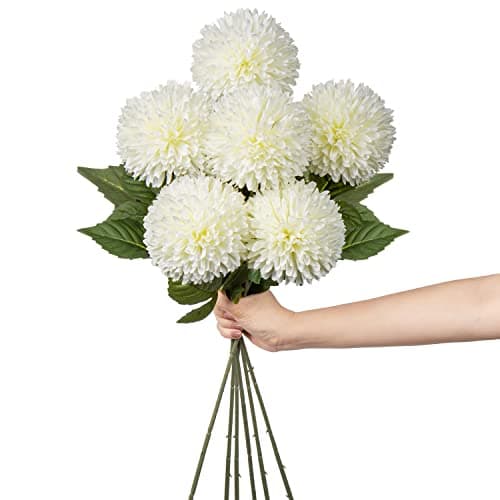 Image of Hollyone 4'' Large Artificial Chrysanthemum Flowers with 24.7'' Long Stem, 6 pcs White Fake Silk Flowers Faux Ball Flower for Home Decor, Bridal, Wedding, Party, Garden, Floral Arrangement