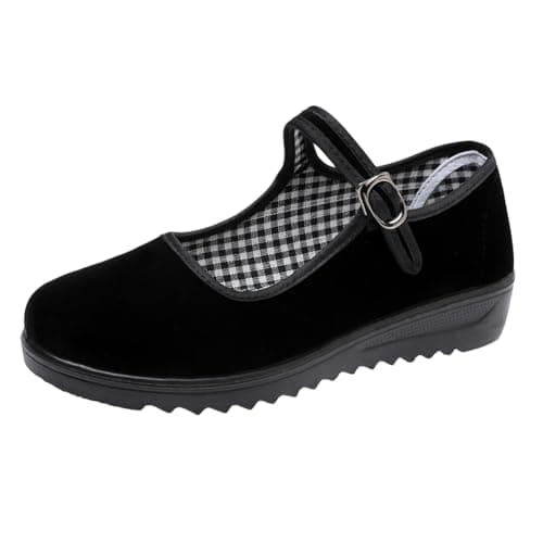 Image of missfiona Womens Black Velvet Mary Jane Shoes China Dance Flat Cloth Work Walking Shoes Wide Fit (7, Black)