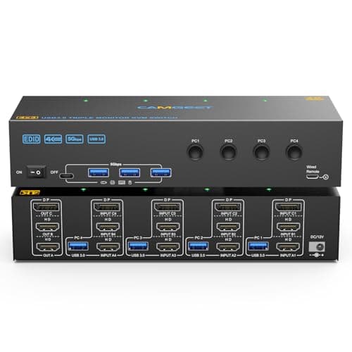 Image of KVM Switch 3 Monitors 4 Computers 4K@60Hz, 2 HDMI+Displayport KVM Switch Triple Monitor for 4 Computer Share 3 Monitor and 4 USB3.0 Port Keyboard Mouse Printer, Wired Remote and 4 USB Cables Included