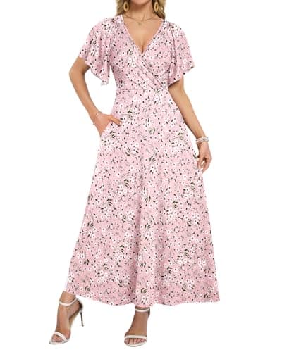 Image of WNEEDU Summer Dresses Women UK Deep V Neck Maxi Wrap Dress Floral Emprie Waist Long Evening Formal Dress with Pockets Floral Pink XL