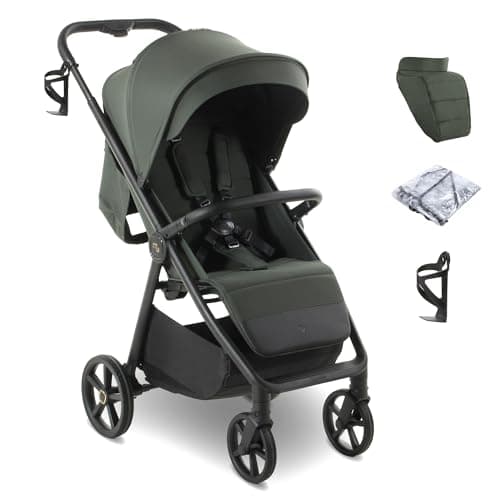 Image of My Babiie MB170 Plus Pushchair – from Birth to 4 Years (22kg), 4-Wheel Suspension, Large Basket, XL Canopy, Foldable, Compact, Stroller with Footmuff, Cup Holder, Rain Cover – Green
