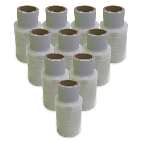 Image of JeeJaan® 10 Rolls Clear Mini Handy Shrink Wrap 100mm x 150m 17mu - Self-Adhering Pallet Stretch Wrapper - Heavy Duty Plastic Wrap for Moving House Furniture Wrapping Film