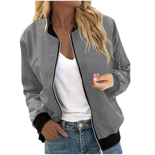 Image of Flodxo Bomber Jacket Women with Hood Lightweight Windbreaker Raincoat Breathable Outdoor Running Rain Jacket Zip Up Baseball Flight Jackets Ladies Rain Coat for Hiking Walking Cycling Grey XL