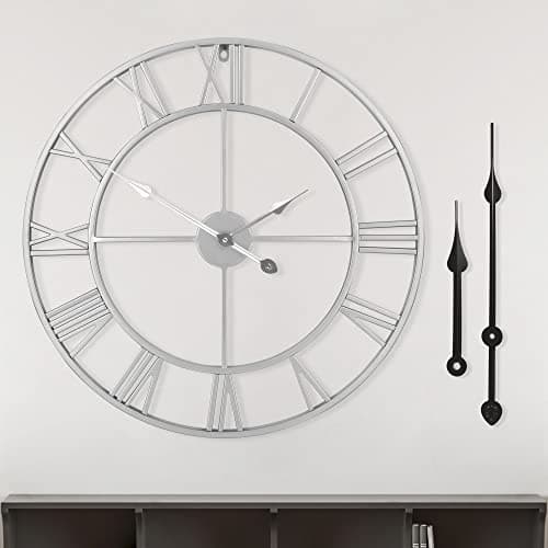 Image of HAITANG Vintage Silver Metal Large Wall Clock Roman Style Round Nearly Silent Little Ticking Battery Operated Roman Numerals Clocks for Living Room,Bedroom,Kitchen Decor-40cm