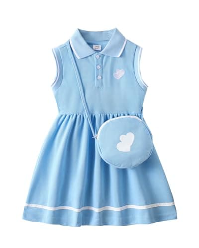 Image of FishingDino Girls' Summer Dresses 3-8 Years, Sleeveless Smocked Kids' Polo Dress with Shoulder Bag & Button Toddler Girl Clothes with Heart Print, Blue 4-5T