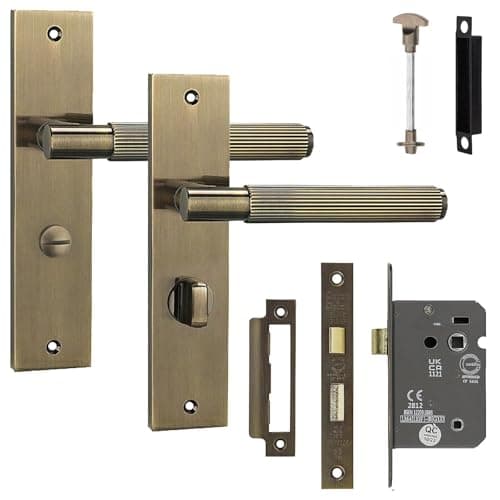 Image of Decoranddecor Hera Antique Brass Lever On Backplate Knurled Door Handles with Bathroom Thumb-Turn and 2.5in Fire-Rated Internal Lock Mechanism – Secure Internal Door Hardware Set