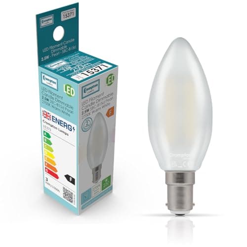 Image of Crompton Lamps Filament Candle LED Light Bulb SBC-B15d | 2.5W = 25W Equivalent | Warm White 2700K | Energy Efficient | Small Bayonet Lightbulb | Long Life 15000-Hrs | Pearl Glass | Dimmable