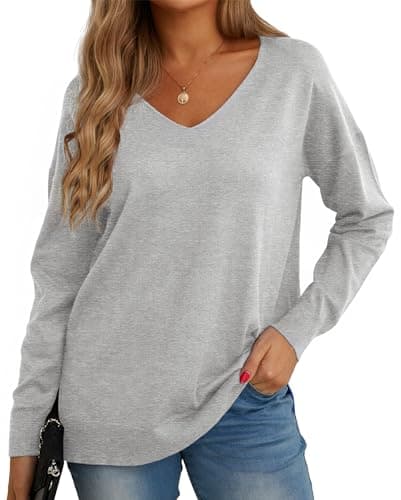 Image of GRECERELLE Women's Casual Jumpers Sweatshirt Ladies Classic Plain Pullover Knit V Neck Long Sleeve Jumper Tops Blouse T-Shirt for Winter Fall Spring (Light Grey, L)