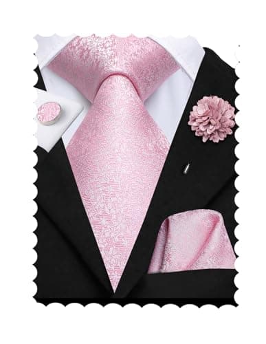 Image of Hi-Tie Silk Men's Pink Tie and Pocket Square Cufflinks Lapel Pin Set Jacquard Wedding Business Necktie for Formal