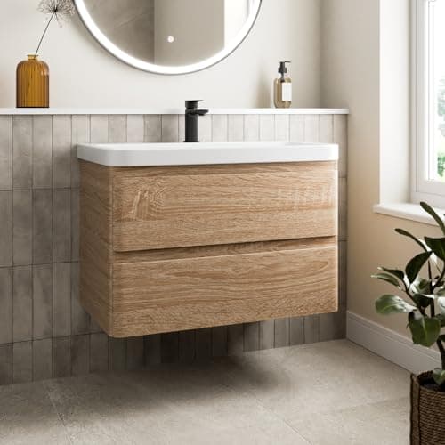 Image of Affine® 800mm Vanity Unit Wash Basin Sink Bathroom Floor Standing Storage Cabinet Cupboard Cloakroom, Soft Close Drawers, Wood Oak Effect