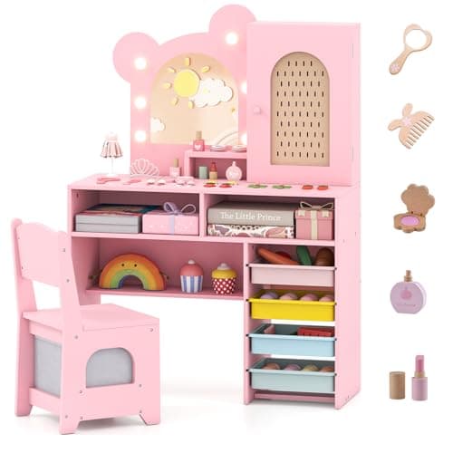 Image of GYMAX Kids Vanity Table and Chair, Girls Makeup Dressing Table Set with 3-Color LED Lights Mirror, Storage Bins, Fabric Drawer, 2-in-1 Pretend Dresser Desk Toddler Vanity Desk for 3+ Years Old (Pink)