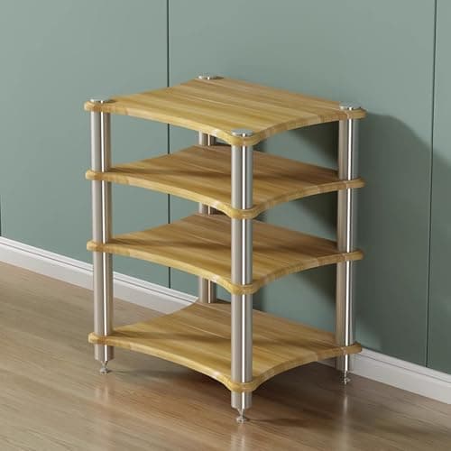 Image of Oak 4-Tier Audio Rack Tower Stereo Record Player Stand Media Storage Shelving for Home AV Equipment Rounded Corner Design Stylish Furniture for Living Room