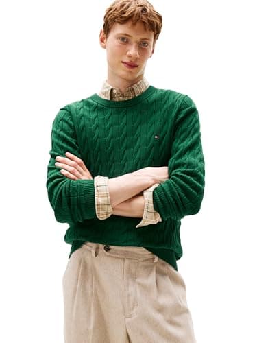 Image of Tommy Hilfiger Men's Cable Knit Crewneck Sweater Lightweight Pullover, Ornamental Green, XXL