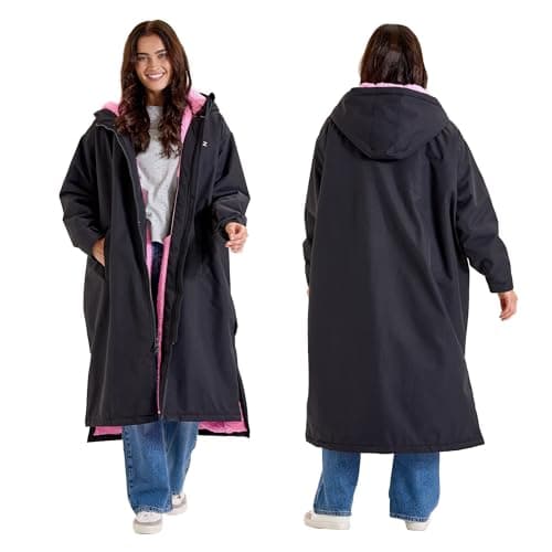Image of Snuggz Changing Robe Black & Pink Women Adult S/M - Oversized Dry Robe, Showerproof & Wind-Resistant Hooded Surf Poncho, Long Sleeve with Two-Way Zip - 100% Polyester Outdoor Fleece Jacket
