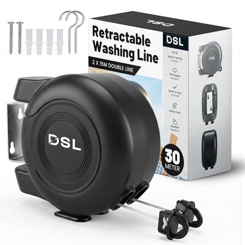 Image of DSL Retractable Washing Line - 30m Heavy Duty Twin Cable, Wall Mounted Extendable Laundry Clothes Airer Indoor and Outdoor Use - 2 x 15m Drying Double Clothes Line - Black