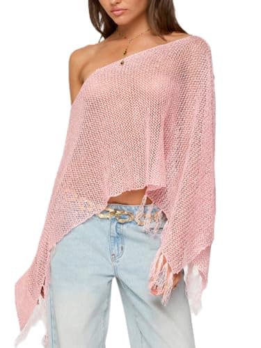 Image of SANSIWU Womens Sheer Poncho Shrug Sequin Knit Poncho Fringe Hem Off Shoulder See-through Mesh Crochet Cape Beach Cover Ups (A-Pink, M)