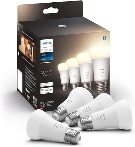 Image of Philips Hue White Smart Bulb LED 4 Pack [E27 Edison Screw] - 800 Lumens (60W Equivalent). Works with Alexa, Google Assistant and Apple Homekit