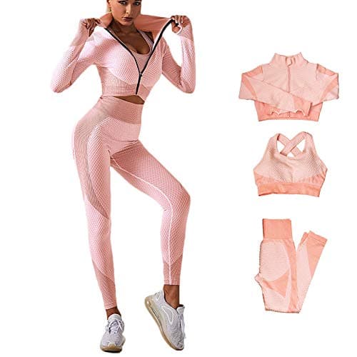 Image of Veriliss Tracksuit For Women,3pcs Outfits Workout Joggers Yoga Gym Sportswear Leggings And Stretch Sports Bra Jumpsuits Clothes Sets (Pink, L)