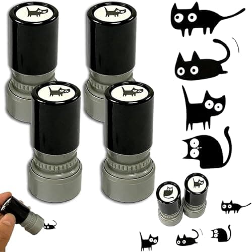 Image of 4Pack Vintage Cat Pattern Craft Stamp,Cute Black Cat Stamp,Retro Kitten Stamp Set,Reusable Pet Cartoon Craft Stamps for Scrapbooking Journal Diary Card Making Planner DIY Letter