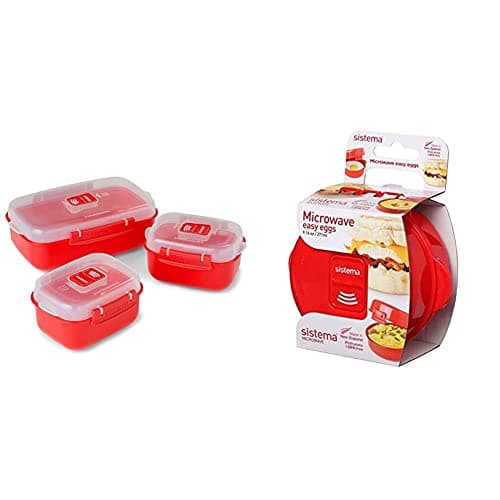 Image of Sistema Microwave Heat and Eat 3 Pack, Red/Clear, Pack of 3 & Microwave Egg Cooker Easy Eggs, 270 ml - Red