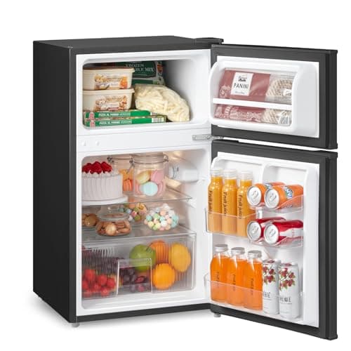 Image of COMFEE' RCT87BL2(E) Under Counter Fridge Freezer, 87L Double Door Small Fridge Freezer with Light, Removable Shelves, Adjustable Thermostats, Reversible Doors Black