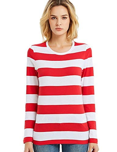 Image of Long Sleeve Tops Women Wide Striped T Shirts Round Neck Red White Stripes Tee L