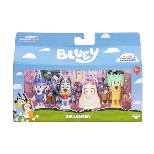 Image of Bluey Figure 4-Packs, Halloween, 2.5 Inch Poseable Figures of Bluey, Bingo, Chloe and Lucky Dressed In Halloween Costumes, With Accessories
