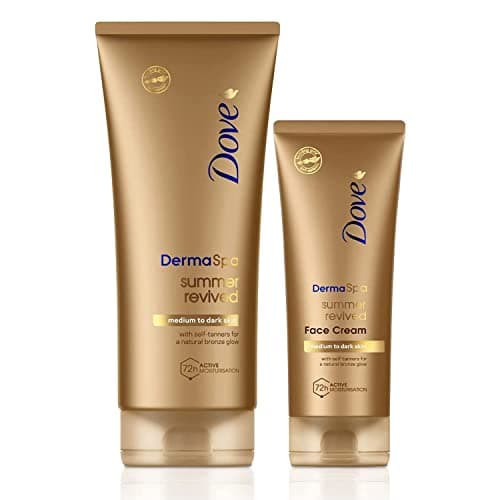Image of Dove Unilever DermaSpa Body Lotion Summer Revived Self-Tanning Medium to Dark, 200ml with Dove Derma Spa Face Cream Summer Revived Medium to Dark, 75ml, 2 Piece Set