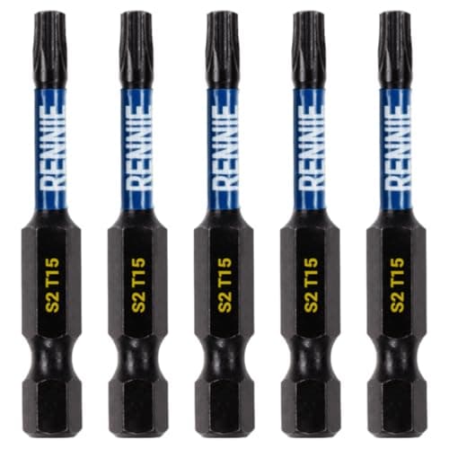 Image of 5 x Rennie Tools 50mm Long T15 TX15 Impact Screwdriver Driver Bits Set. Heavy Duty Magnetic Torx Screwdriver Bit Set. Black Oxide Coated Torx Impact Driver Bits. Torx Bit Set.