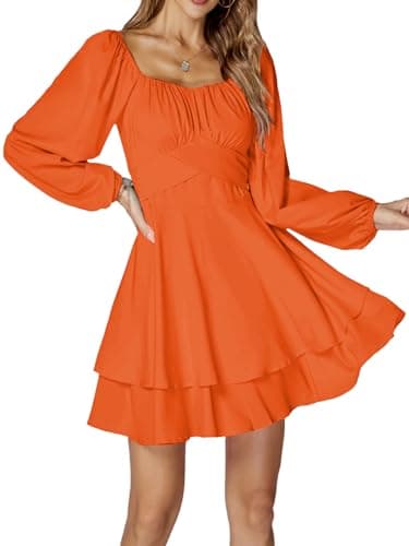 Image of LYANER Women's Lantern Long Sleeve Wrap Tie Back Square Neck Double Layer Ruffle Hem A Line Short Mini Dress, Pure Orange, M