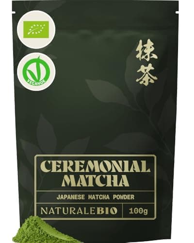 Image of NaturaleBio Organic Ceremonial Grade Matcha Powder, 100g. From Uji, Kyoto for Traditional Japanese Tea Ceremony. Green Tea Free of Added Sugars and Preservatives