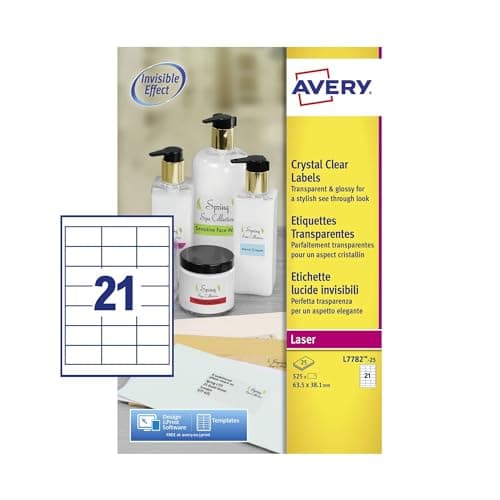 Image of Avery L7782-25 Printable, Customisable Crystal Clear Transparent Labels for Parcel, barcodes, Letters, Crafting Project 21 Labels Per A4 Sheet (L7782-25)