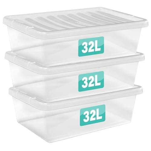 Image of 3 x 32 Litre Underbed Clear Plastic Storage Boxes With Lids Set of 3, Transparent Multipurpose Nestable Stackable Plastic Box With Lid Containers For Home, Kitchen, Garage, Office, Accessories