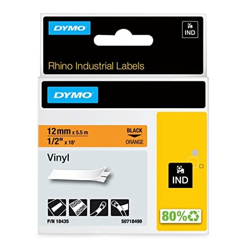Image of DYMO Rhino Industrial Vinyl Labels | 12 mm x 5.5 m | Black Print on Orange | Self-Adhesive | for Rhino & LabelManager Label Makers
