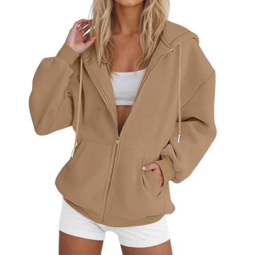 Image of Womens Zip Up Hoodie Oversized For Women Uk Lightweight Hoodies Sweatshirt Travel Clothes Longline Sweatshirts Casual Loose Long Sleeve With Pockets (Khaki, M)
